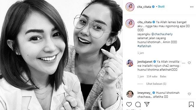 Postingan penyanyi Cita Citata terkait duka cita terhadap meninggalnya Chacha Sherly eks Trio Macan. [Instagram@cita_citata]