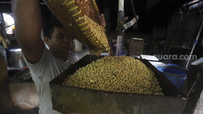 Pekerja mengangkat kacang kedelai saat produksi tahu di salah satu pabrik tahu di kawasan Duren Tiga, Jakarta, Selasa (5/1/2021). [Suara.com/Angga Budhiyanto]