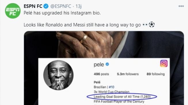 Pele menuliskan bahwa dirinya adalah pencetak gol terbanyak sepanjang sejarah. (Twitter/espnfc)