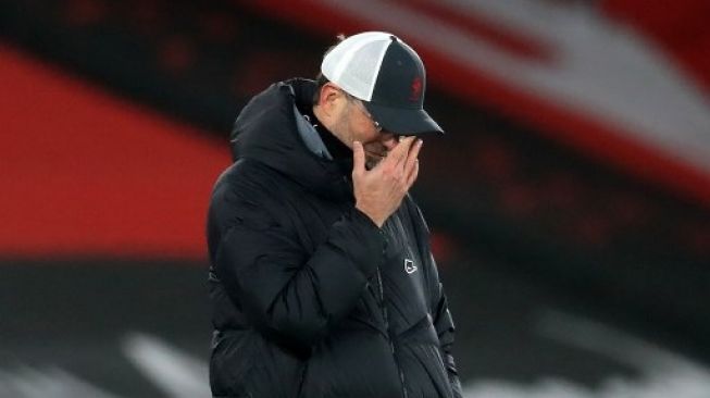 Reaksi Manajer Liverpool Jurgen Klopp usai skuatnya dikalahkan Southampton dalam laga di St Mary's Stadium. Adam Davy / POOL / AFP