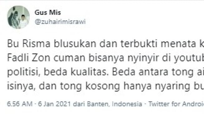 Gus Mis sindir Fadli Zon hanya bisa nyinyir di YouTube (Twitter/zuhairimisrawi)