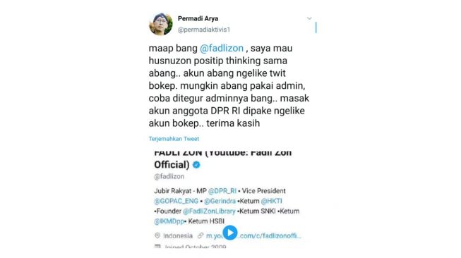 Tangkapan layar komentar twitter Pegiat Media Sosial Permadi Arya atau Abu Janda.