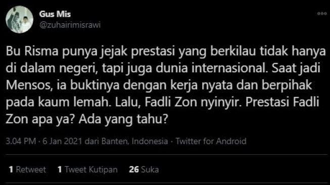 Gus Mis pertanyakan prestasi Fadli Zon. (Twitter/@zuhairimisrawi)