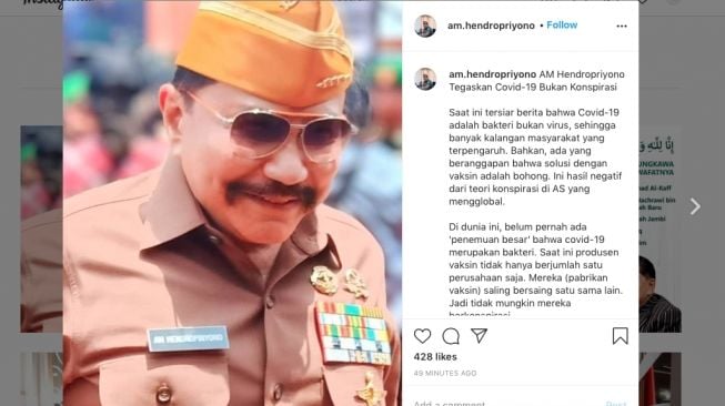 Unggahan AM Hendropriyono soal Covid-19 bukan konspirasi dunia. (Instagram/@am.hendropriyono)