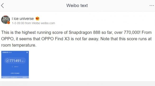 Bocoran skor AnTuTu Oppo Find X3. [Weibo] 