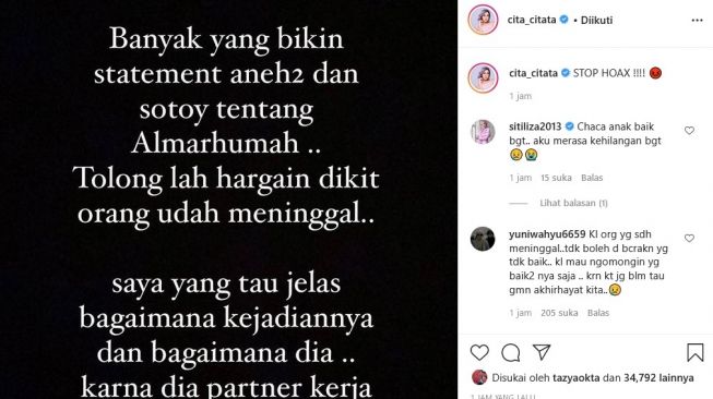 Cita Citata sewot soal berita miring tentang sahabatnya, Chacha Sherly. [Instagram]