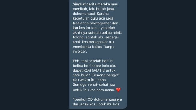 Ibu kos yang baik hati, beri gratis satu bulan tinggal di kosannya (twitter.com/txtdariibukos)