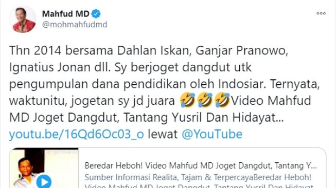 Cuitan mahfud MD soal jogetannya yang kembali beredar. - (Twitter/@mohmahfudmd)