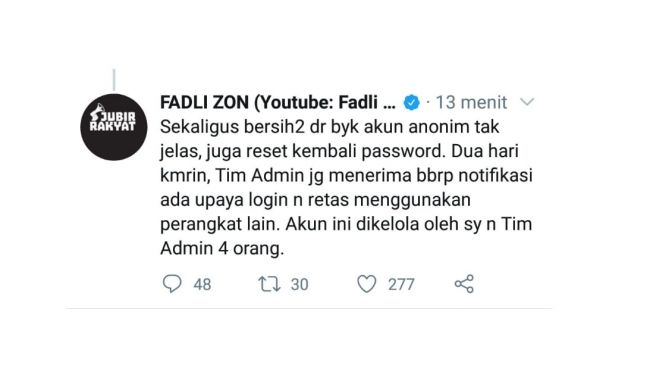 Tangkapan layar klarifikasi Fadli Zon like video porno. [Twitter/@fadlizon]