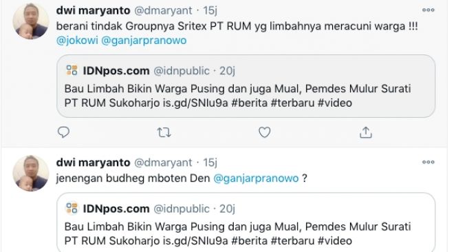 Cuitan warga memprotes limbah PT RUM (Twitter/@dmaryant)