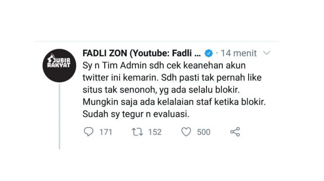 Tangkapan layar klarifikasi Fadli Zon like video porno. [Twitter/@fadlizon]