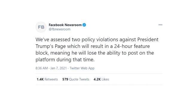 Cuitan Facebook blokir akun Donald Trump. [Twitter]