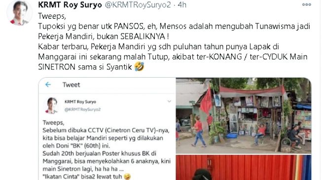 Cuitan Roy Suryo terkait aksi blusukan Mensos Risma