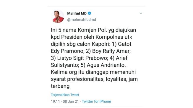 Lima Calon Kapolri yang diajukan ke Presiden Joko Widodo.[Twitter/@mohmahfudmd]