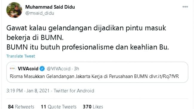 Cuitan Said Didu soal Mensos Risma pekerjakan tunawisma di BUMN