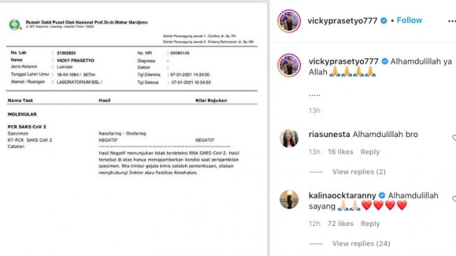 Hasil PCR Vicky Prasetyo yang diunggah di akun instagram