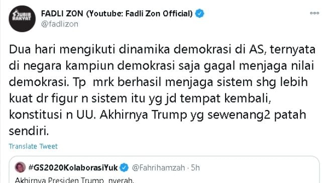 Cuitan Fadli Zon soal demokrasi di Amerika Serikat