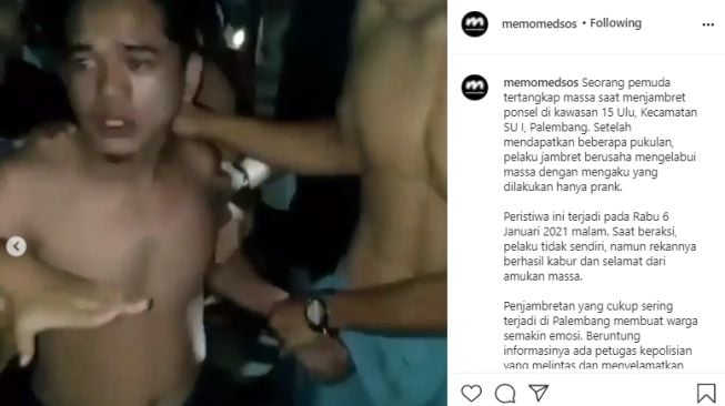 Video jambret mengaku cuma prank saat diamuk massa. (Instagram/memomedsos)