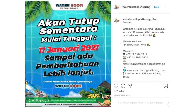 Pengumuman Waterboom Lippo Cikarang tutup sementara (instagram.com/waterboomlippocikarang_)