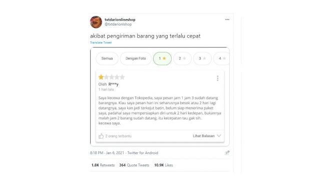 Curhatan warganet, komplen karena paket datang lebih cepat. [Twitter]