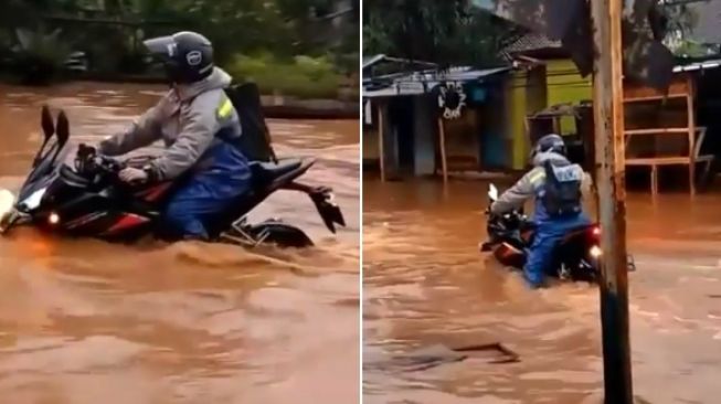 Aksi Penunggang CBR Terjang Banjir, Warganet: Tangguh Juga Isi Dompetnya!