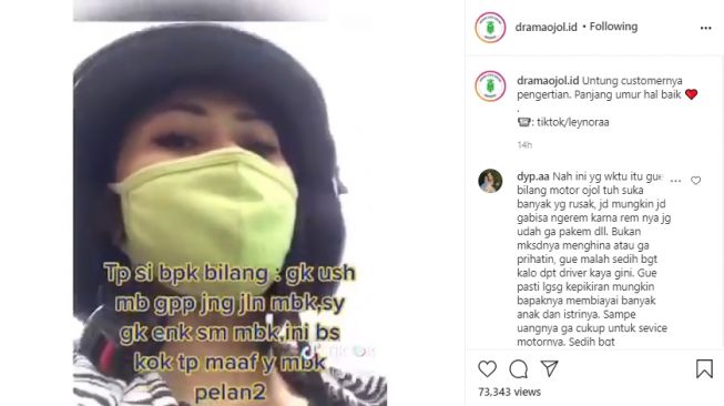 Pelanggan ojol menceritakan pengalamannya beberapa kali mogok di jalan. - (Instagram/@dramaojol.id)