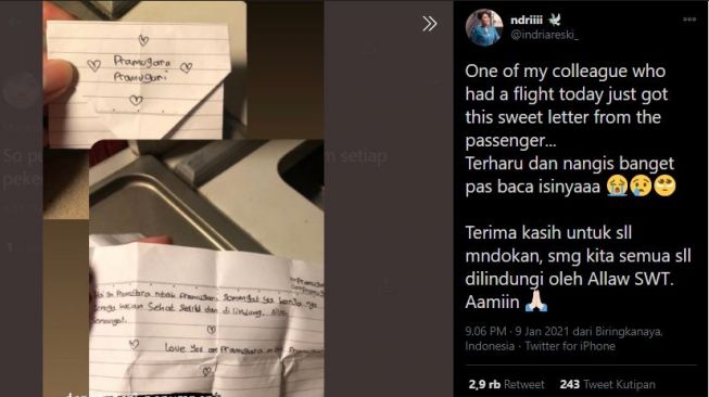 Viral isi surat untuk kru pesawat. (Twitter/@indriareski_)