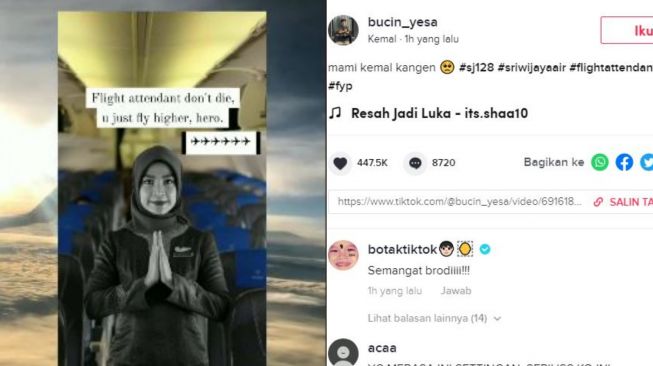 Viral curhatan anak pramugari Sriwijaya SJ182. (Tiktok/bucin_yesa)