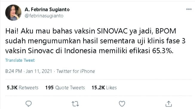 Utas seorang dokter yang menjelaskan soal efikasi vaksin Sinovac (Twitter)