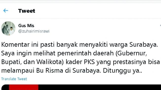 Cuitan Gus Mis tantang kader PKS lebih berprestasi dari Risma (twitter)