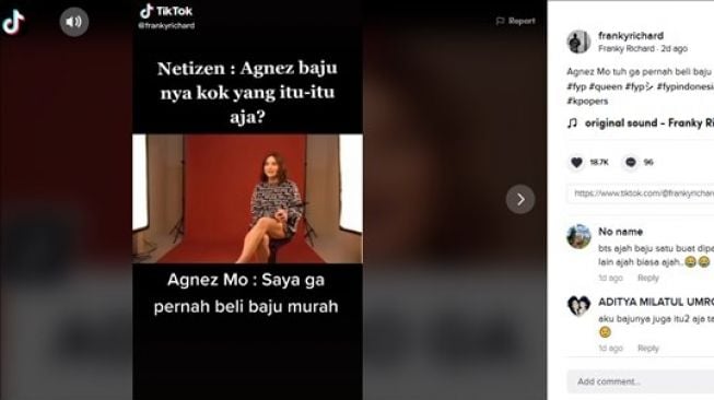 Balasan menohok Agnez Mo saat dikomplain pakai baju itu-itu saja. (TikTok/@frankyrichard)