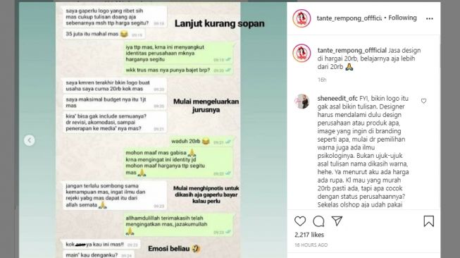 Percakapan pelanggan pesan desain. [Instagram/@tante_rempong_offficial]