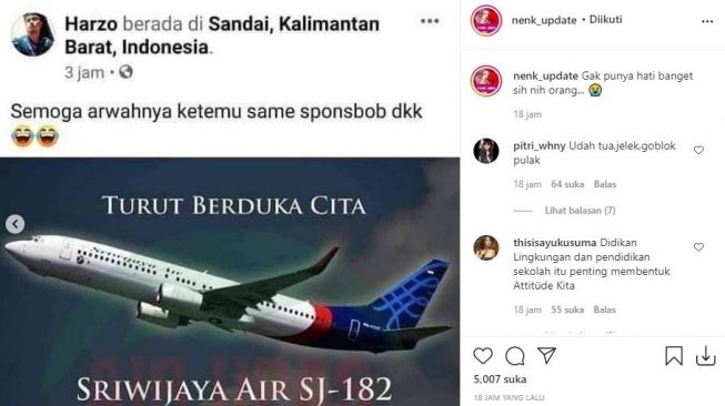 Pria bikin lelucon soal kecelakaan Sriwijaya Air SJ182. (Instagram)