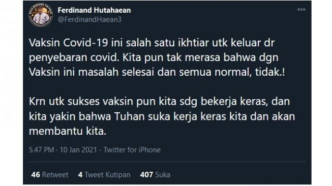 Cuitan Ferdinand Hutahaean soal pernyataan SBY (twitter.com/FerdinandHaean3)