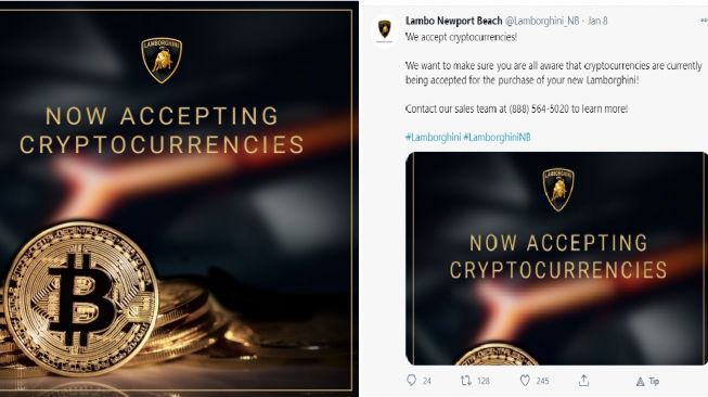 Dealer Lamborghini di Amerika Serikat mengizinkan konsumen membeli menggunakan bitcoin (Twitter)