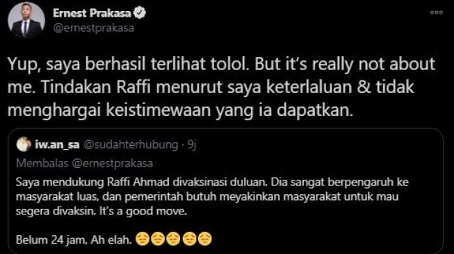 Ernest Prakasa kecewa tindakan Raffi Ahmad. (Twitter/ernestprakasa)