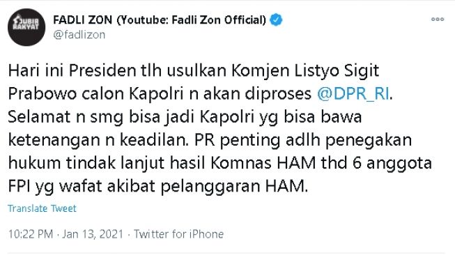 Ucapan selamat dan pesan Fadli Zon untuk calon tunggal Kapolri (Twitter)