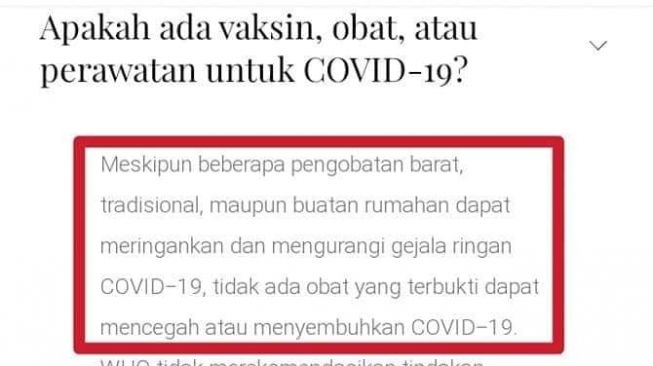 Pernyataan yang menyebut Covid-19 belum ditemukan obatnya (turnbackhoax.id)