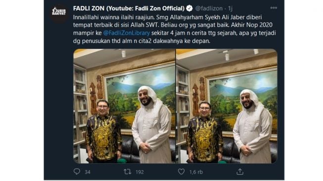 Cuitan Fadli Zon tentang sosok Syekh Ali Jaber (twitter.com/fadlizon)