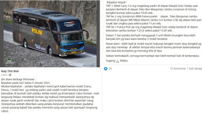 Curhat warganet tentang modus pemerasan baru pada pemobil (Facebook)