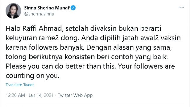 Cuitan Sherina berisi protes terhadap Raffi Ahmad yang keluyuran usai divaksin (Twitter)