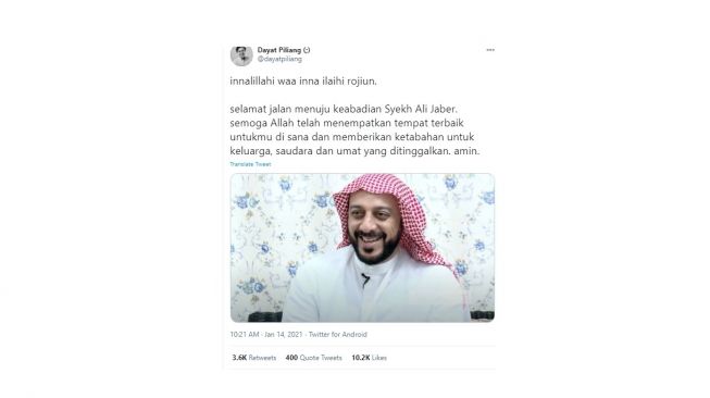 Duka warganet soal Syekh Ali Jaber meninggal. [Twitter]