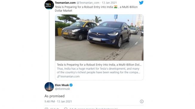 Tesla resmi dipasarkan di negara India (Twitter)