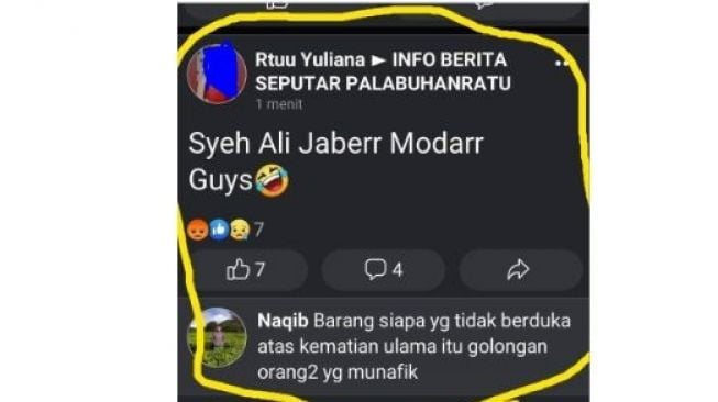 Unggahan akun FB Rtuu Yuliana dalam grup Info berita seputar palabuhanratu. [Tangkapan layar akun FB Ryan Maulan]