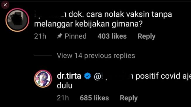 Pertanyaan warganet untuk dokter Tirta (Instagram)