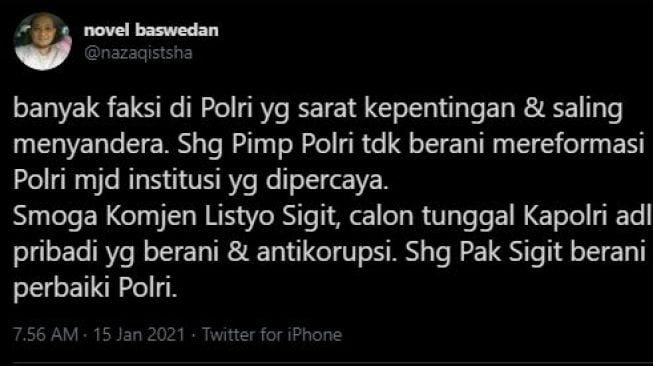 Harapan Novel Baswedan kepada Komjen Listyo Sigit. (Twitter)