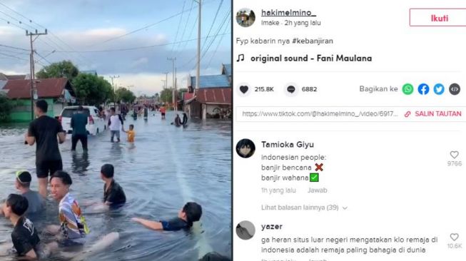 Viral banjir dijadikan wahana permainan. (Tiktok/@hakimelmino_)