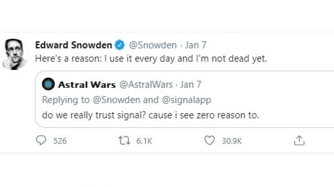 Cuitan Snowden mengajak menggunakan Signal. [Twitter]