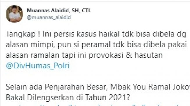 Politisi PSI Muannas Alaidid minta Mbak You ditangkap polisi karena Mbak You ramalkan Jokowi lengser 2021.