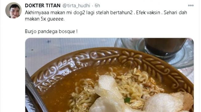 Cuitan dokter Tirta tentang efek yang ia rasakan usai divaksin (Twitter)